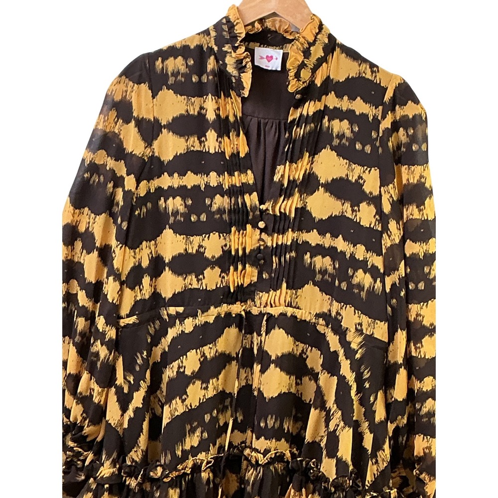 Buddy Love Grace Mini Dress Mustard Brown Tiger Print Ruffle Long Sleeve Medium - Picture 14 of 15